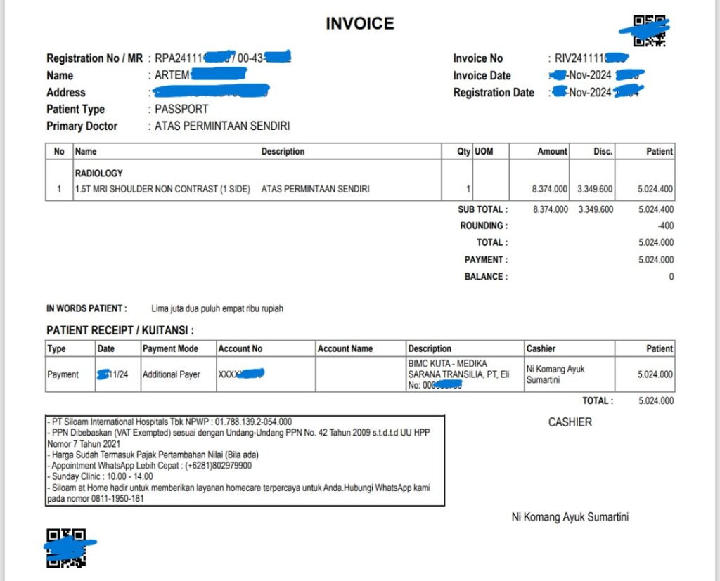 Invoice Siloam Hospital Bali, MRI