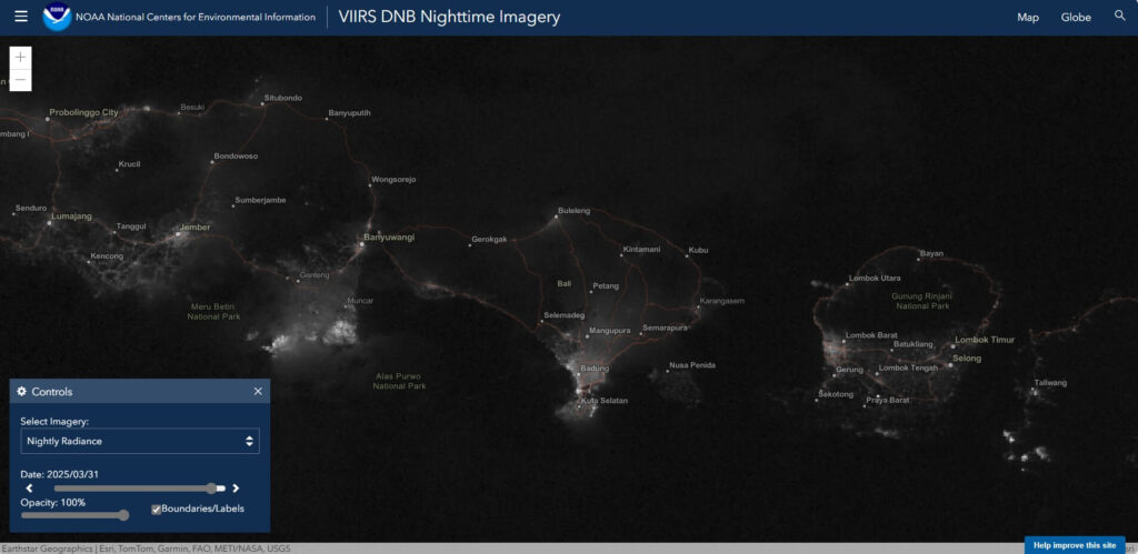 Bali 2 days after Nyepi, view from space, March 31, 2025