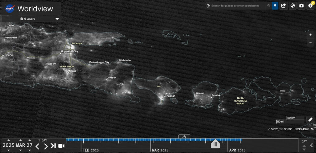 View from space of Bali at night on March 27, 2025
