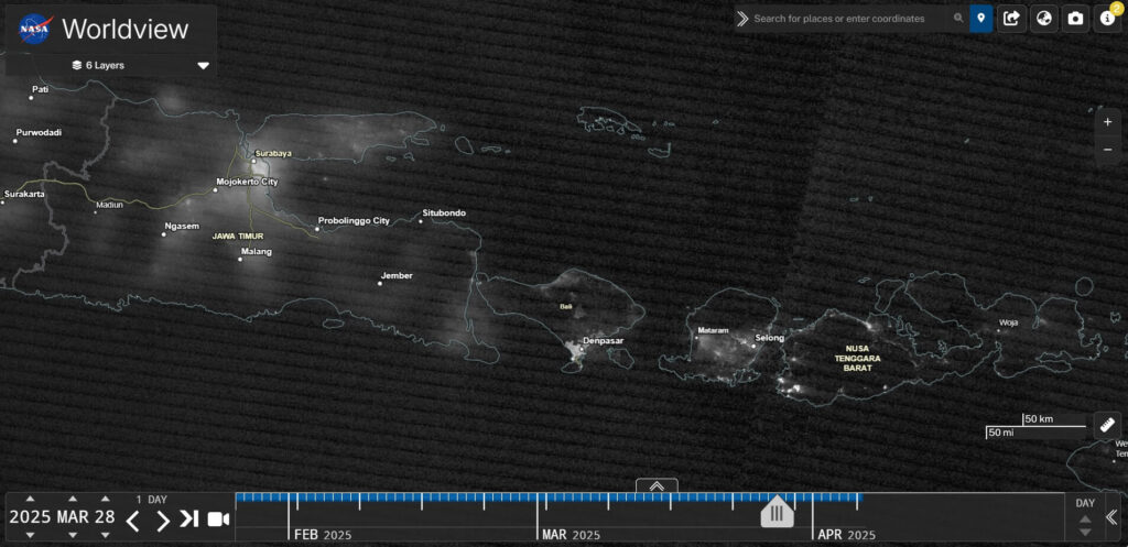 View from space of Bali at night on March 28, 2025, the day before Nyepi