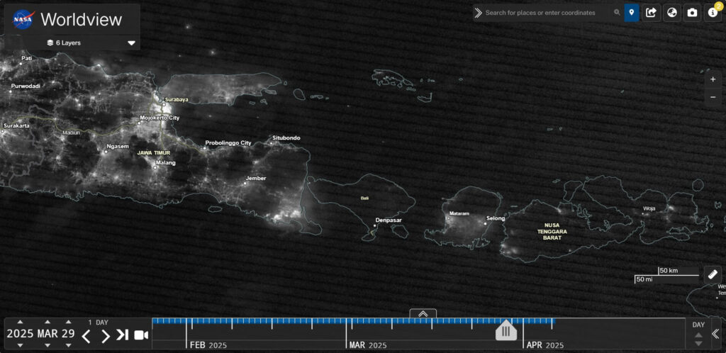 View from space of Bali at night on March 29, 2025, Nyepi Day
